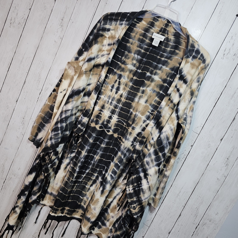 Soft Surrounding Women's Tan Black Tie Dye Fringe Drape Cardigan Size Medium. - Picture 4 of 10